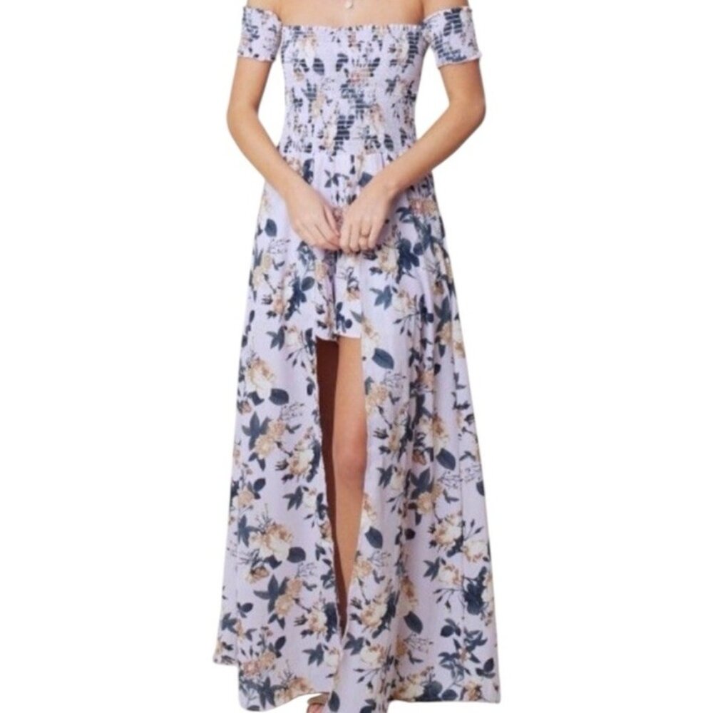 Altar'd State Purple Floral Off The Shoulder Smocked Maxi Romper Size Medium
